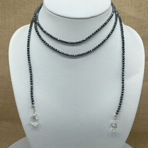 Deb Guyot Herkimer Diamond Quartz Lariat Necklace Hematite Beads 44" Long (L1)